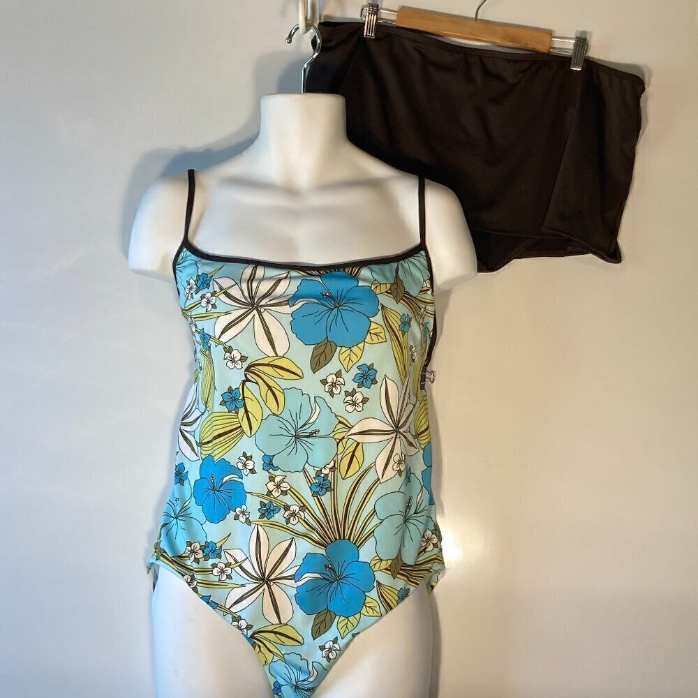 Merona SZ XXL Blue Tropical 1Pc. Tank Swimsuit & Brown Swim Skirt Beach Resort